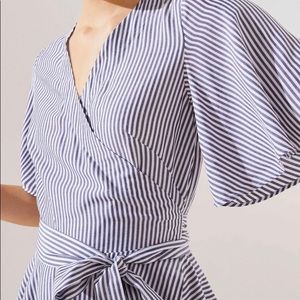 LOFT flutter sleeve blue stripe wrap top S NWT
